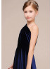 One Shoulder Navy Blue Velvet Long Flower Girl Dress